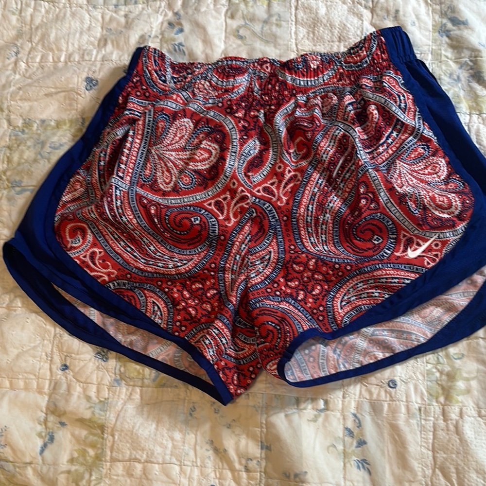 Nike Red and Blue Athletic Shorts with Curved Hem